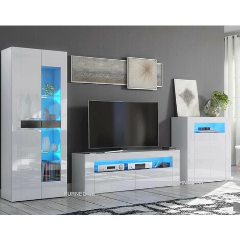 Furneo High Gloss & Matt White Living Room Set TV Stand Sideboard Display Cabinet Blue LED Lights (1/3)