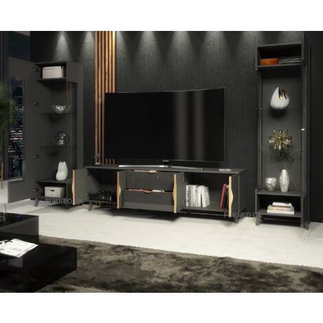 Furneo Grey Living Room Set TV Stand Display Cabinets High Gloss & Matt Azzurro10/12G White LED Lights