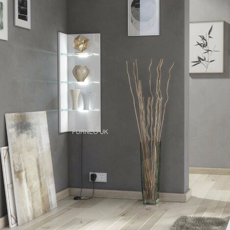 Furneo White Floating Display Cabinet Wall Unit Shelf High Gloss & Matt Clifton09 White LED Lights (1/2)