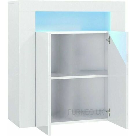 Furneo High Gloss & Matt White 2-door Sideboard Cabinet Cupboard Unit Clifton01 Blue LED Lights