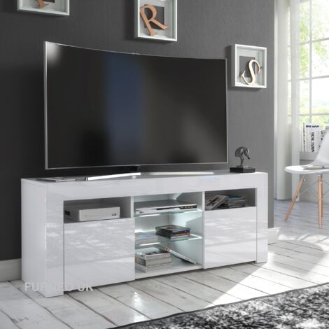 Furneo White TV Stand 120cm Unit Cabinet Matt & High Gloss Puzzo White LED Lights (1/3)