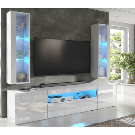 Furneo High Gloss & Matt White Living Room Set TV Stand Display Cabinets ArtClif8 Blue LED Lights (1/4)