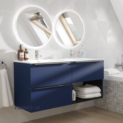 Furneo Bathroom Vanity Unit Floating Storage Basin Blueberry Matt 3-Drawer 120cm With Chrome Handle