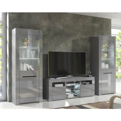 Furneo High Gloss & Matt Grey Living Room Set TV Stand Display Cabinets MilanoG White LED Lights