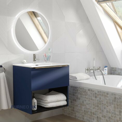 Furneo Bathroom Vanity Unit Floating Storage Basin Blueberry Matt 1-Drawer 60cm With Gold Handle (1/3)