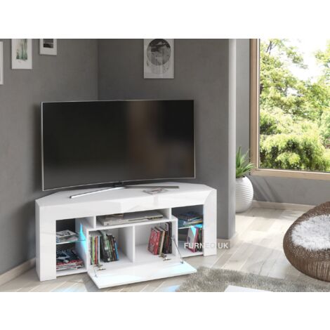Furneo White Corner TV Stand 125cm Unit Cabinet Matt & High Gloss Milano05 Blue LED Lights