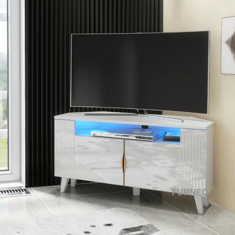 Furneo White Corner TV Stand 100cm Unit Cabinet Matt & High Gloss Azzurro06 Brushed Gold Handles Blue LED Lights (1/3)