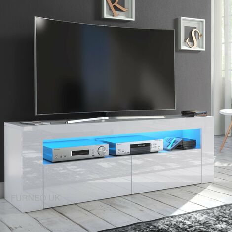 Furneo White TV Stand 145cm Unit Cabinet Matt & High Gloss Clifton13 Blue LED Lights (1/3)