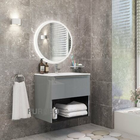 Furneo Bathroom Vanity Unit Floating Storage Basin Gloss Grey 1-Drawer 60cm With Chrome Handle (1/3)