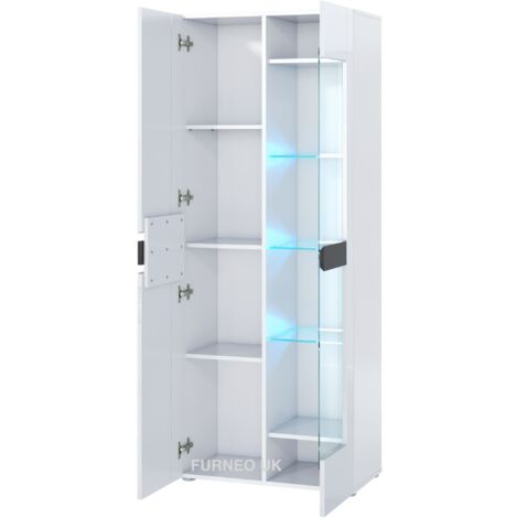 Furneo White 2-Door Display Cabinet Cupboard Matt & High Gloss Milano08 Blue LED Lights