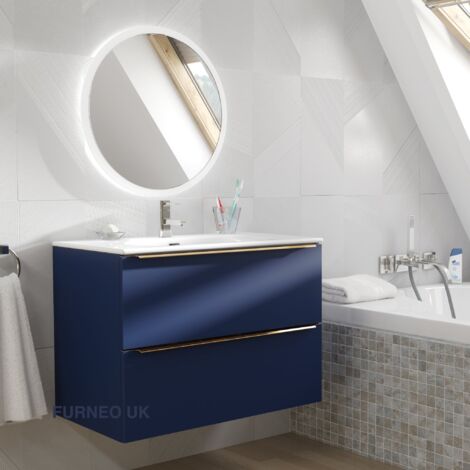 Furneo Bathroom Vanity Unit Floating Storage Basin Blueberry Matt 2-Drawer 80cm With Gold Handle (1/3)