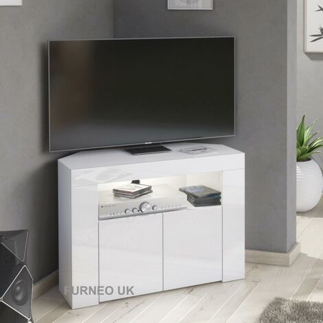 Furneo Corner TV Stand Unit Cabinet Matt & High Gloss Clifton07 White LED Lights (1/3)