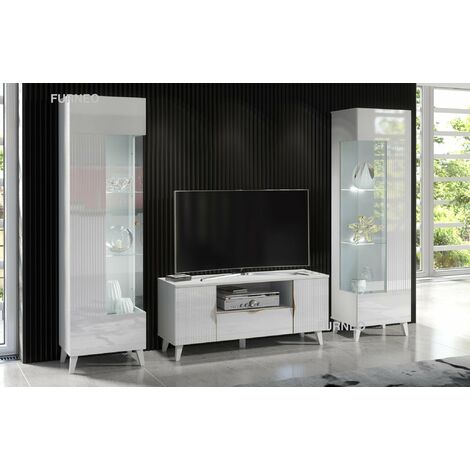 Furneo High Gloss & Matt White Living Room Set TV Stand Display Cabinets Azzurro8/12 White LED Lights (1/4)