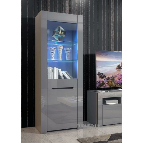 Furneo High Gloss & Matt Grey Display Cabinet Cupboard Milano09G Blue LED Lights
