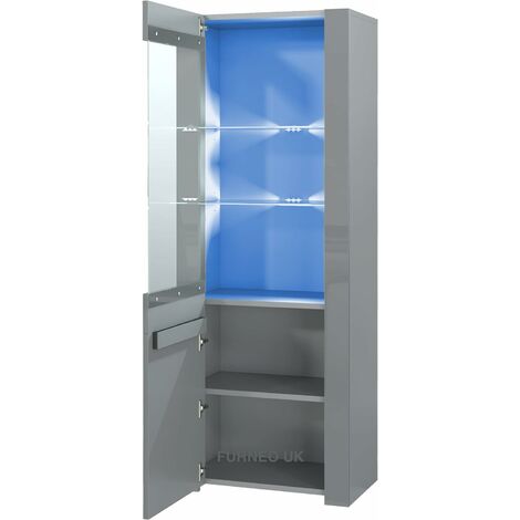Furneo High Gloss & Matt Grey Display Cabinet Cupboard Milano09G Blue LED Lights