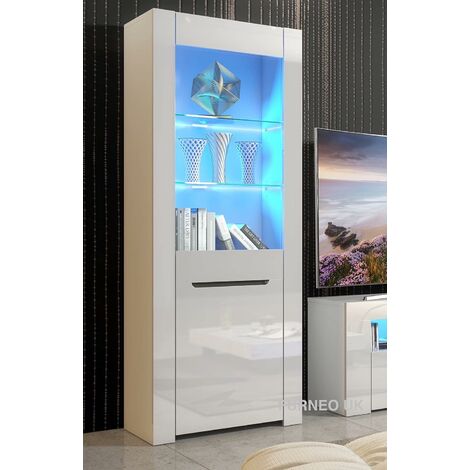 Furneo High Gloss & Matt White Display Cabinet Cupboard Milano09 Blue LED Lights