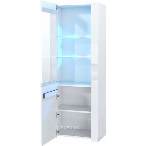 Furneo High Gloss & Matt White Display Cabinet Cupboard Milano09 Blue LED Lights