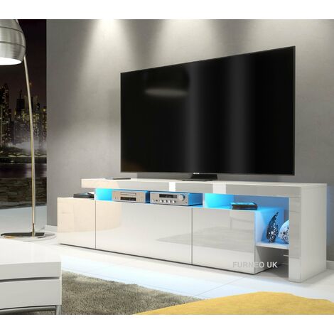 Furneo White TV Stand 186cm Unit Matt & High Gloss Indisio01 Blue LED Lights (1/3)