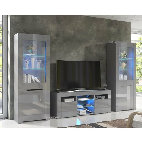 Furneo High Gloss & Matt Grey Living Room Set TV Stand Display Cabinets MilanoG Blue LED Lights (1/4)