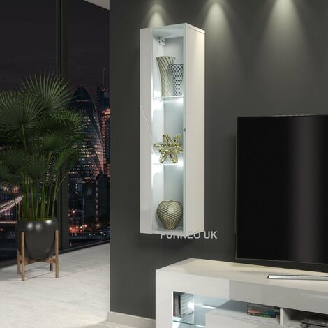 Furneo White Glass Floating Display Cabinet Tall Wall Unit Art01 White LED Lights