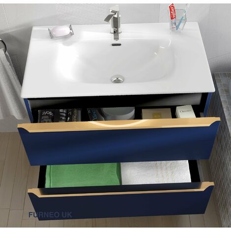 Furneo Bathroom Vanity Unit Floating Storage Basin Blueberry Matt 3-Drawer 120cm With Matt Black Handle