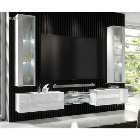 Furneo White Floating TV Unit High Gloss Matt Living Room Set Display Cabinets Art01/02 White LED Lights (1/4)