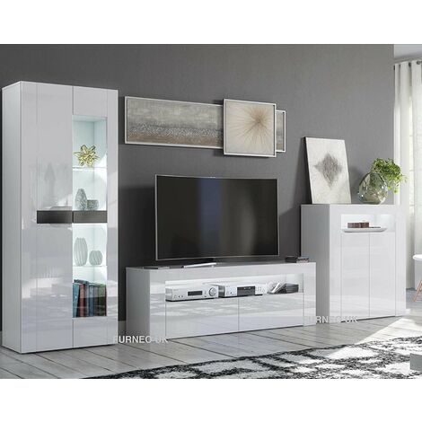 Furneo High Gloss & Matt White Living Room Set TV Stand Sideboard Display Cabinet White LED Lights (1/3)