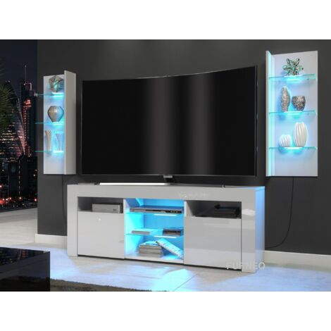 Furneo High Gloss & Matt White Living Room Set TV Stand Display Cabinets MilClif Blue LED Lights (1/5)
