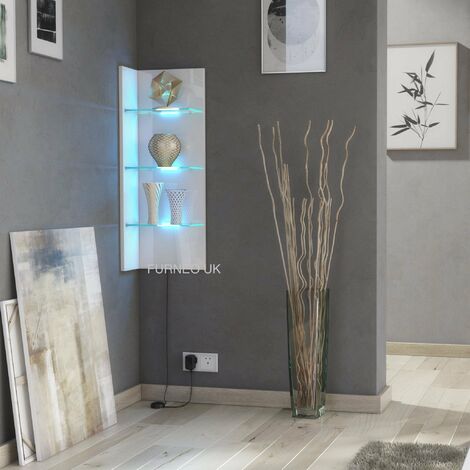 Furneo White Floating Display Cabinet Wall Unit Shelf High Gloss & Matt Clifton09 Blue LED Lights