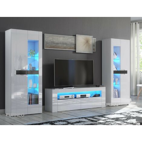 Furneo High Gloss & Matt White Living Room Set TV Stand Display Cabinets MilClif13 Blue LED Lights