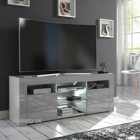 Furneo Grey TV Stand 120cm Unit Cabinet Matt & High Gloss PuzzoG White LED Lights (1/3)