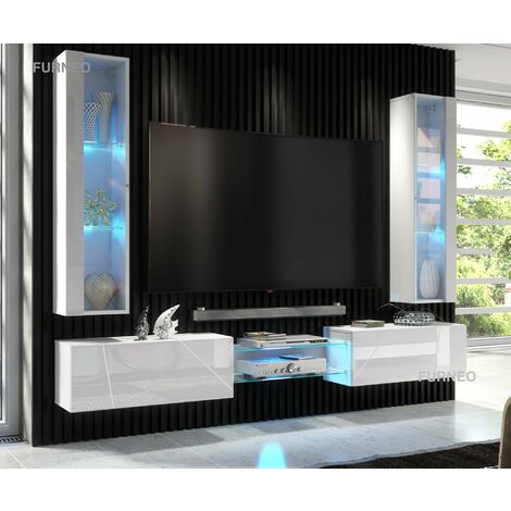 Furneo White Floating TV Unit High Gloss Matt Living Room Set Display Cabinets Art01/02 Blue LED Lights (1/4)