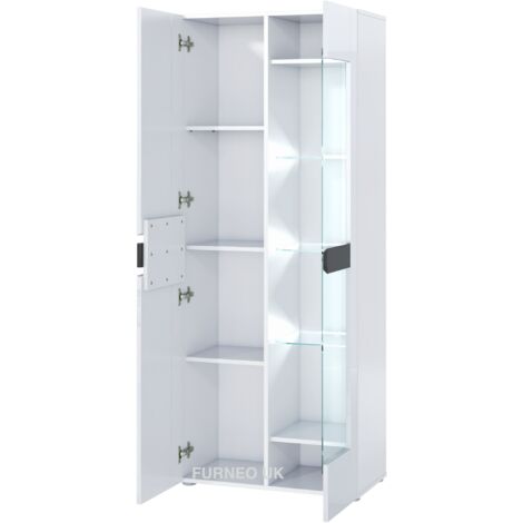 Furneo White 2-Door Display Cabinet Cupboard Matt & High Gloss Milano08 White LED Lights