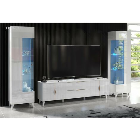 Furneo High Gloss & Matt White Living Room Set TV Stand Display Cabinets Azzurro10/12 Blue LED Lights (1/4)