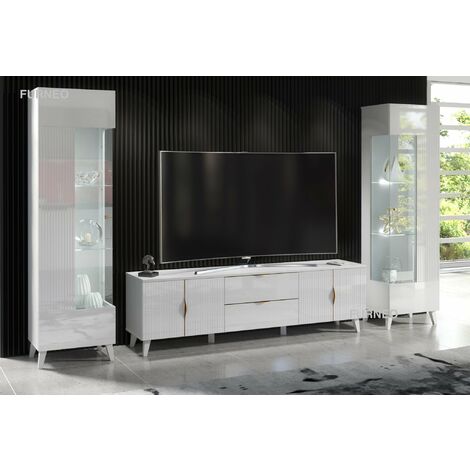 Furneo High Gloss & Matt White Living Room Set TV Stand Display Cabinets Azzurro10/12 White LED Lights (1/4)