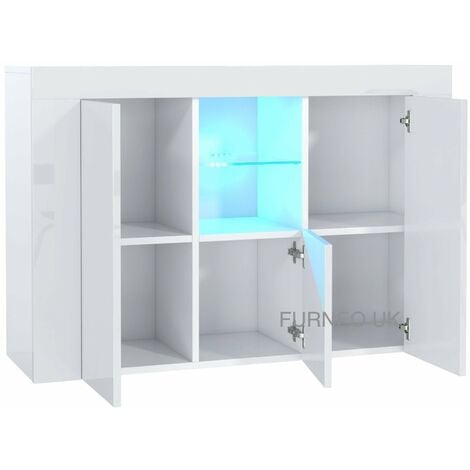 Furneo Matt & High Gloss White Cabinet Cupboard Sideboard Unit Clifton05 Blue LED Light