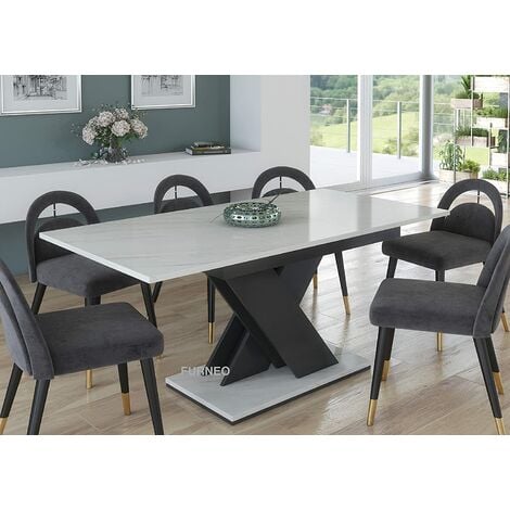 Furneo Modern Dining Table Only Extendable 120-160cm White Marble Effect Tavolo01 MDF