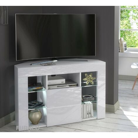 Furneo Venico02 White Corner TV Stand 100cm Matt & High Gloss White LED Lights