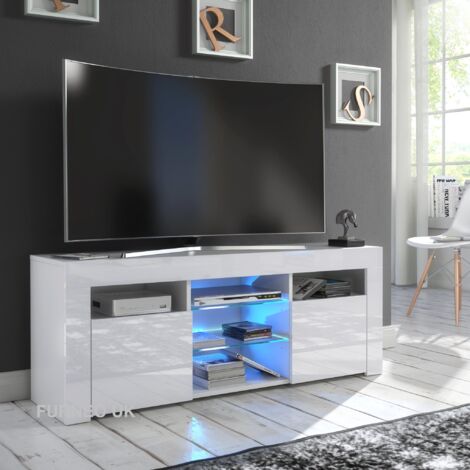 Furneo White TV Stand 120cm Unit Cabinet Matt & High Gloss Puzzo Blue LED Lights (1/3)