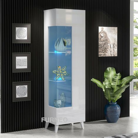 Furneo High Gloss & Matt White Display Cabinet Storage Cupboard Azzurro12 Blue LED Lights