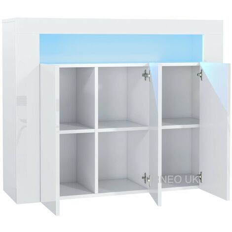 Furneo Matt & High Gloss White 3-door Sideboard Cabinet Cupboard Unit Clifton04 Blue LED Lights