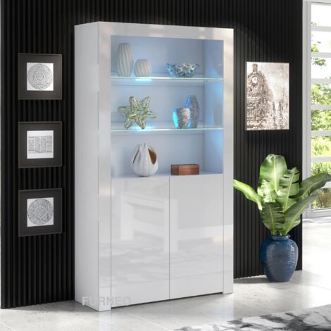 Furneo White Display Cabinet Modern High Gloss &Matt 2-Door Cupboard  Clifton20 Blue LED Lights
