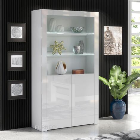 Furneo White Display Cabinet Modern High Gloss &Matt 2-Door Cupboard  Clifton20 White LED Lights