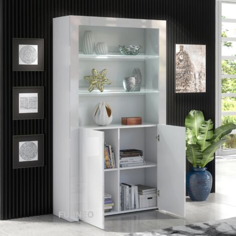 Furneo White Display Cabinet Modern High Gloss &Matt 2-Door Cupboard  Clifton20 White LED Lights