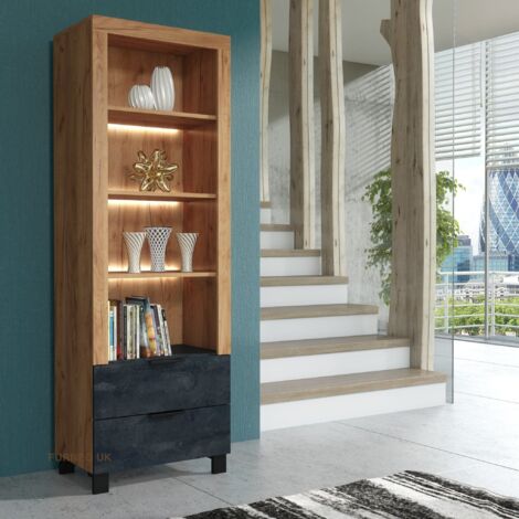 Furneo Display Cabinet Oak & Black Concrete Effect Modern Storage Cupboard White LED Lights Enzo 08 (1/3)