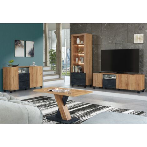 Furneo Living Room Set TV Stand Display Cabinet Sideboard Coffee Table Oak & Black Concrete Effect White LED Lights Enzo 2/4/6/8 (1/5)