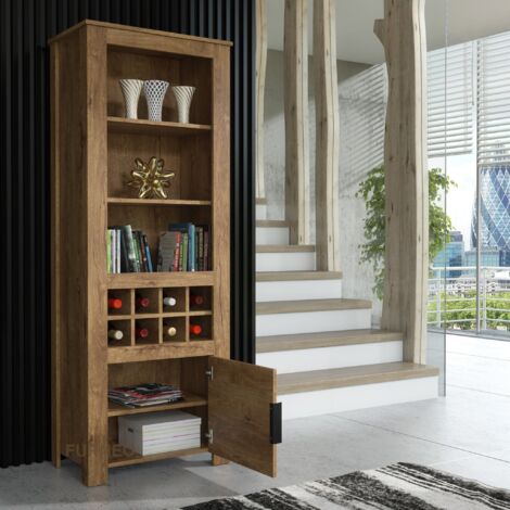 Furneo Display Cabinet Dark Oak Effect Modern Cupboard Storage LED Lights Prestigio 04