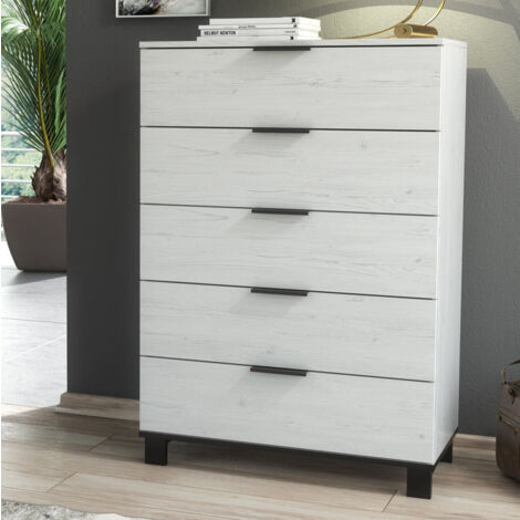 Furneo Modern White 5 Drawer Chest of Drawers Cabinet Storage Pine Effect Cozy 05 (1/5)
