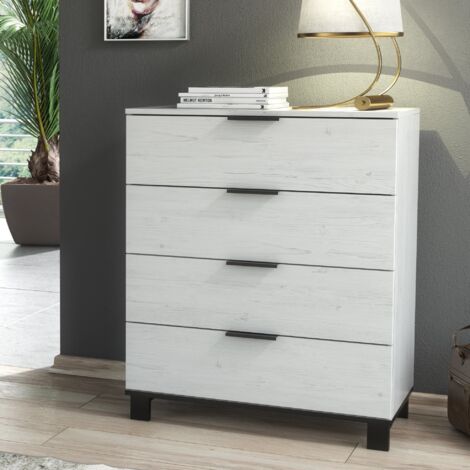 Furneo Modern White 4 Drawer Chest of Drawers Cabinet Storage Pine Effect Cozy 04 (1/5)