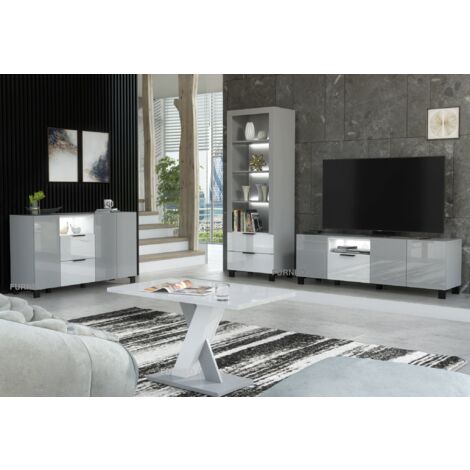 Furneo Living Room Set TV Stand Display Cabinet Sideboard Coffee Table Grey White High Gloss Matt White LED Lights Enzo 2/14/16/18 (1/5)